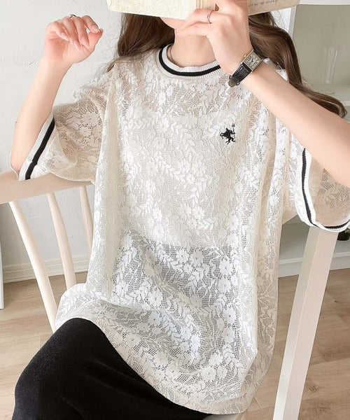 上品レース×スポーティMIXが旬。クロシェ風レースリブラインTシャツ。 ce1050163