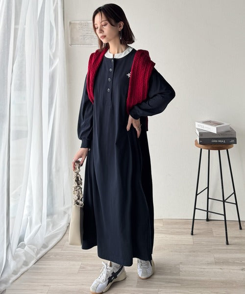 大人リラクシーで抜け感を。胸刺繍配色デザインヘンリーネックロングワンピース（長袖） ce1020323