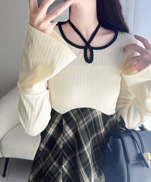 【mily bilet】大人の上品さをブラッシュアップ。チョーカー使い配色パイピングカットソードッキングチェックワンピース mi1139055