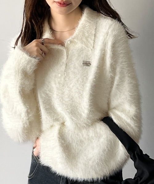 【mily bilet】カジュアルな大人ふんわり。メタルプレート使いフェザーシャギーポロニット（長袖） mi1029134