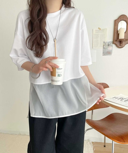春夏に涼しさ引き立てる透け感が◎裾シアー切り替えライトダンボール半袖Tシャツ ce1110116