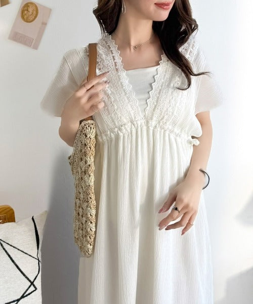 【mily bilet】甘さを抑えて上品に華やぐ。ナチュラルムードな レース使い楊柳フレアワンピース mi1019130