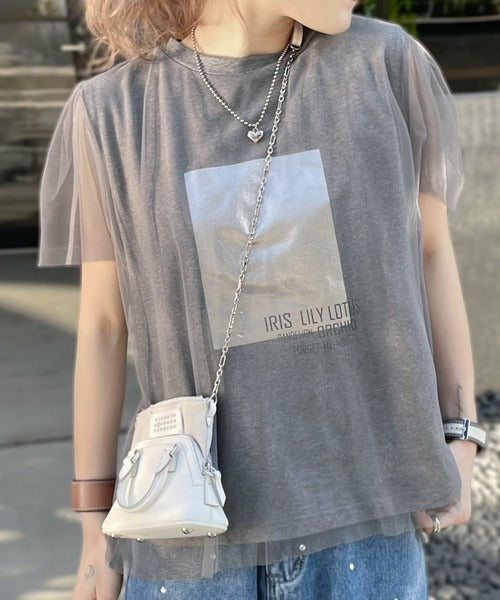 【mily bilet】1枚で上級お洒落style。チュール重ね着風シルバー箔プリントTシャツ mi1149050