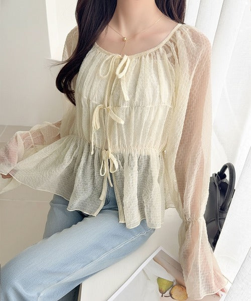 【mily bilet】1枚で2通り。透け感×チェックで、甘さをほどよく。前後2wayシアーチェックブラウス mi1359032