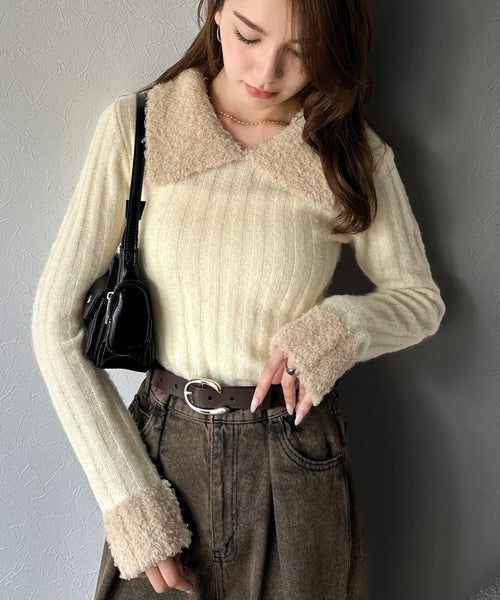 【mily bilet】可愛さ、ふわり2倍増し◎配色ファー衿リブニットプルオーバー（長袖） mi1029145