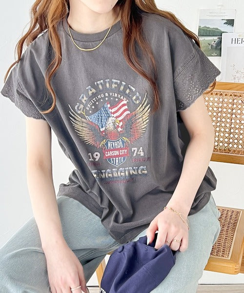 《Javaジャバコラボ》ヴィンテージライクなデザイン。綿100％袖レースピグメントロックTシャツ jv1050164
