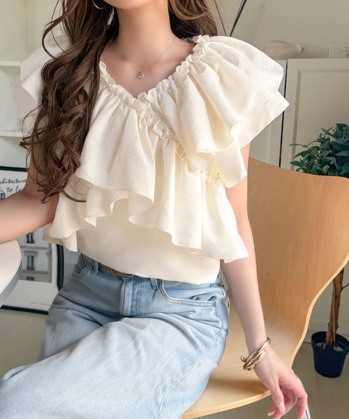 【mily bilet】ひらり、涼しげ。品ある甘さふわっと香る♪前後2wayノースリーブカシュクールブラウス mi1019151