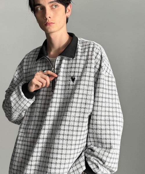 【Classical Origin】「上品カジュアル」。裾ドロスト付きツイード素材ハーフジッププルオーバー（長袖）/Tweed Fabric Drawcord Half-Zip Pullover co1010032