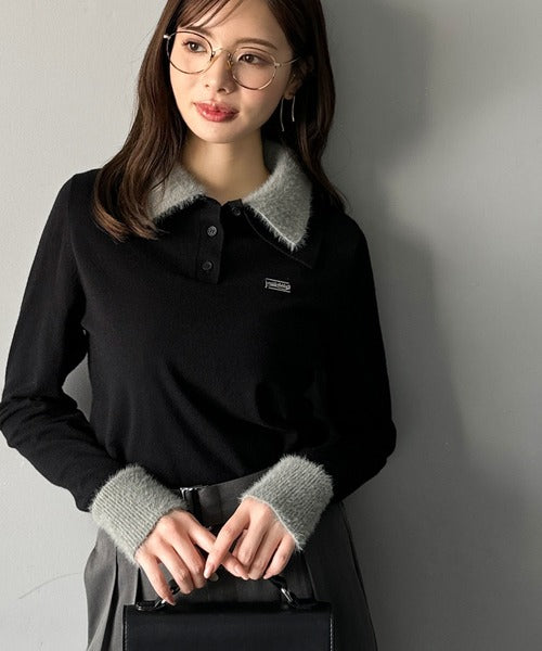 【mily bilet】上品とカジュアルを叶える、大人コーデが即完成。ファー使いダブル襟ロゴプレートニットポロ(長袖) mi1029150