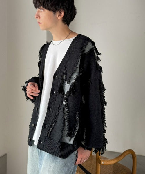《JaVaジャバコラボ》配色×フリンジ、圧倒的存在感。配色フリンジVネックニットカーディガン jm1260632