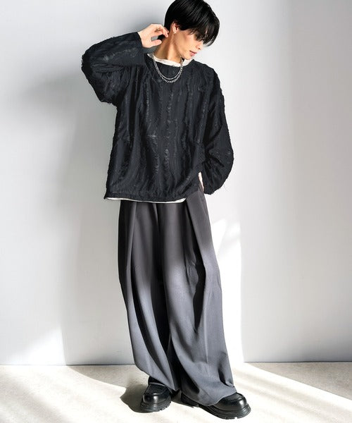 グランジを楽しむ旬スタイル。ダメージ加工ビッグシルエットジャカードカットソーTシャツ（長袖） cm1010420