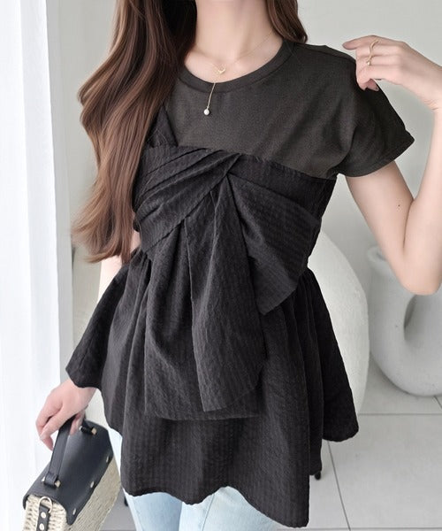 【mily bilet】忙しい朝も悩まない、初夏の一軍トップス。リボンビスチェドッキングTシャツ (半袖) mi1019145