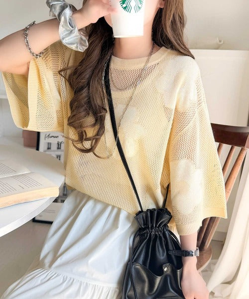 配色花柄で華やかに決まる♪フラワーモチーフジャガードメッシュサマーニット ce1350015
