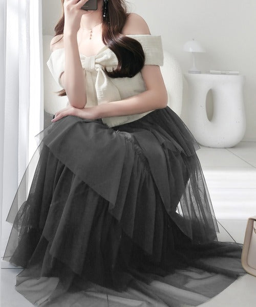 【mily bilet】一枚に大人可愛いを凝縮。リボンデザイントップス×チュールスカートドッキングキャミワンピース (ロング丈) mi1139113