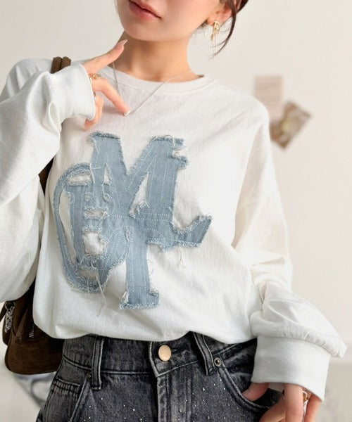 【mily bilet】"秋もこの子と一緒♪"ヴィンテージライクな存在感。ドットデニムフリンジワッペン使いロンT(長袖) mi1329133