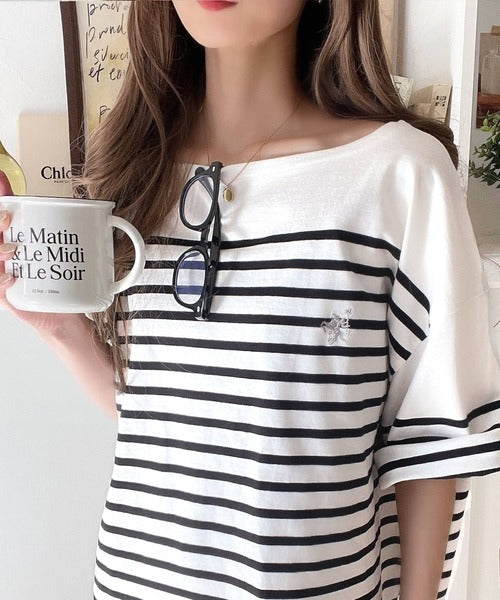 【sustaina+】ラフにキマる大人スタイル。オーガニックコットン100%オーバーサイズパネルボーダーTシャツ(半袖) ce1260324