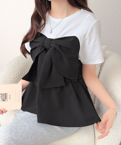 【mily bilet】一枚でサマになる。 フロントリボン布帛コンビ半袖Tシャツ mi1269018