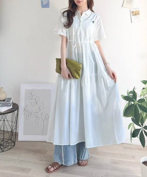異素材ミックスが目を惹く。胸刺繍ポロ衿布帛切り替えカットティアードワンピース（半袖） ce1020350