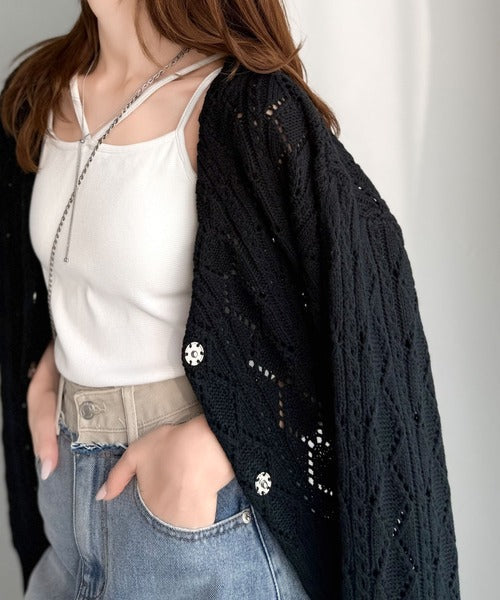 着るたび、雰囲気美人。前後2way格子柄透かし編みショート丈ニットカーディガン（長袖） ce1260448
