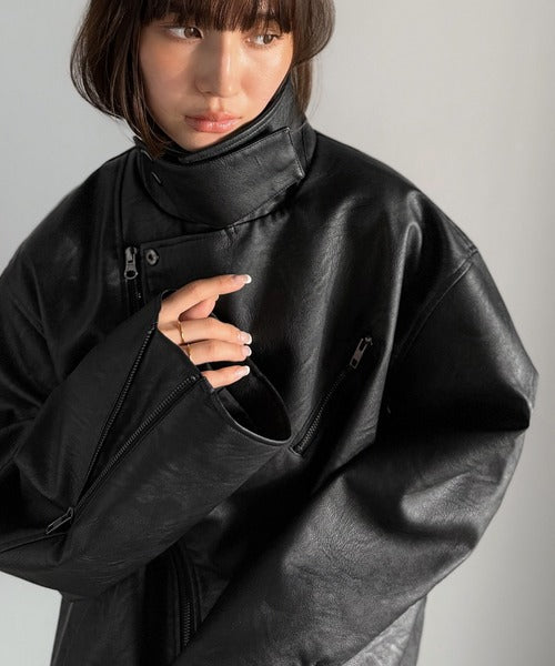 《JaVaジャバコラボ》甘さ控えめ、無敵の女っぽさ。フェイクレザーダブルライダースジャケット jv1010466