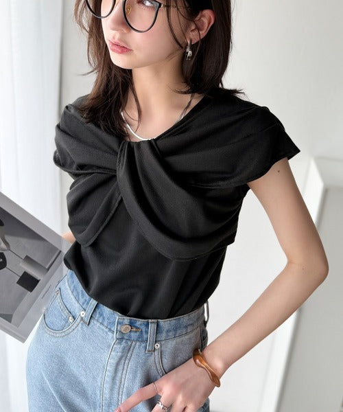 ”きれいめラフ”にこれ一択♪胸元ツイストリボンデザインTシャツ（半袖） ce1110121