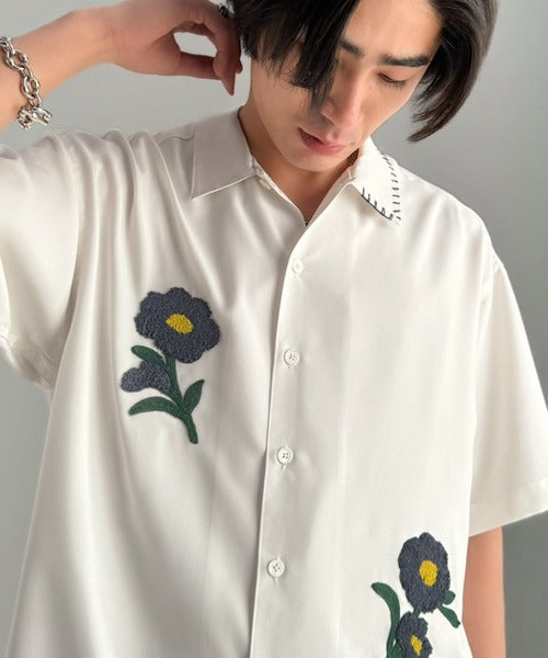 【接触冷感機能付き】サガラ刺繍フラワーステッチシャツ／Cool-Touch Fabric Sagara Embroidered Flower Stitch Shirt (半袖) co1320019