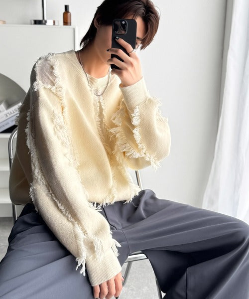 【classical origin】「着るだけで、印象派」。フリンジデザイン配色オーバーサイズニット（長袖）/Fringe design oversized long sleeve knit ao1260444