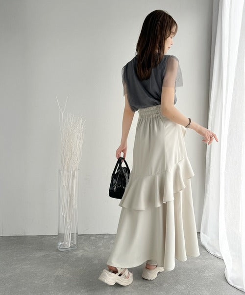 【mily bilet】上品に揺れるシルエットが美しい。スリット入りアシメフリルスカート（ロング） mi1019092