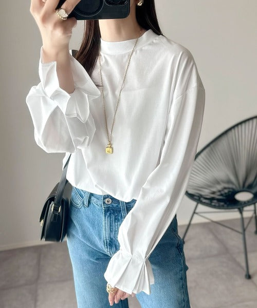 ひとさじの甘さ。微光沢仕立て、シルケット加工ハイネックキャンディスリーブTシャツ（長袖） ce1020306