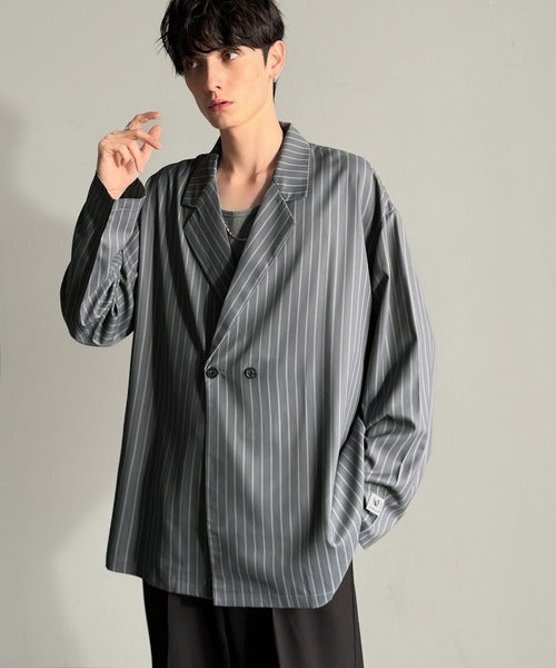 【Classical Origin】「さっと羽織れる。」ストライプ柄ドレープテーラードシャツジャケット／Relaxed Draped Tailored Stripes Shirt Jacket co1150041