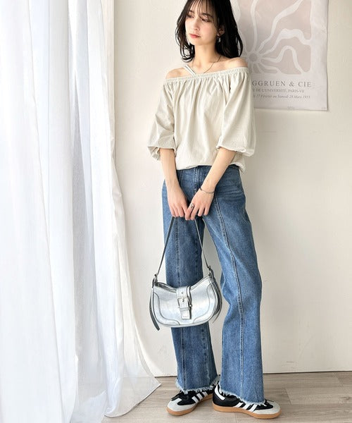 抜け感たっぷりの旬顔。マルチway綿100％シルケット加工ギャザー使いバルーンシルエットアシメブラウス（半袖） ce1260381