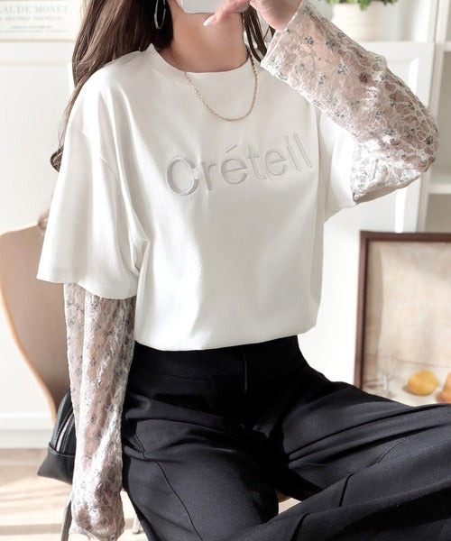 レースでカジュアルの中に女性らしさをプラス!レイヤード風レース袖ドッキングTシャツ（レース柄アソート） ce1010561