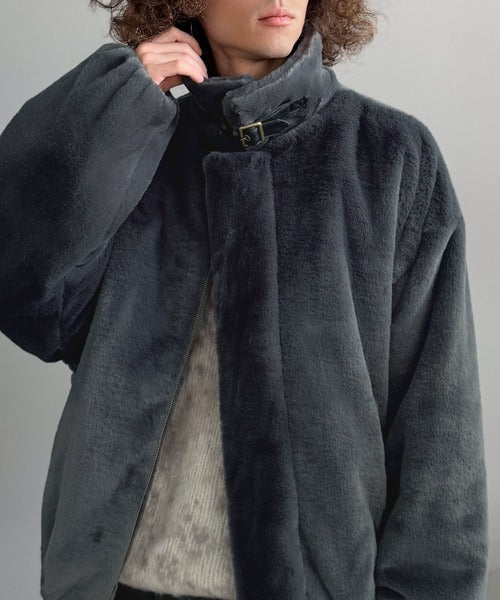【Classical Origin】「3wayアレンジ可能。」ベルト襟フェイクファー素材ジャケット／Belted Collar Faux Fur Jacket co1150080