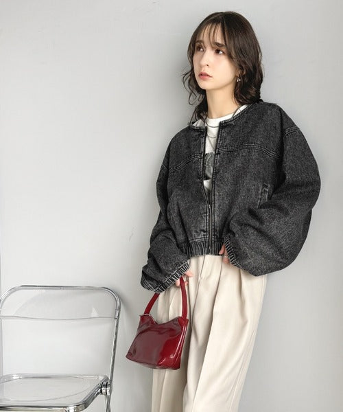 首元すっきり、大人スタイリッシュ。綿100%ダブルジップノーカラー短丈デニムジャケット(ショート丈) ce1010371
