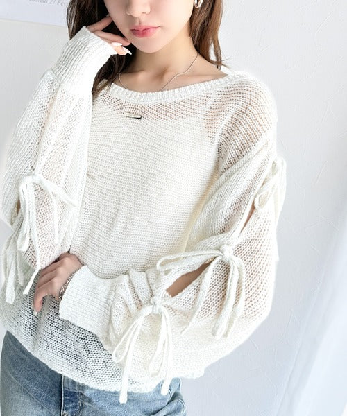 【mily bilet】大人のきらめき。プレートデザイン透かし編み袖リボンラメニット(ワンオフショル2way) mi1259009