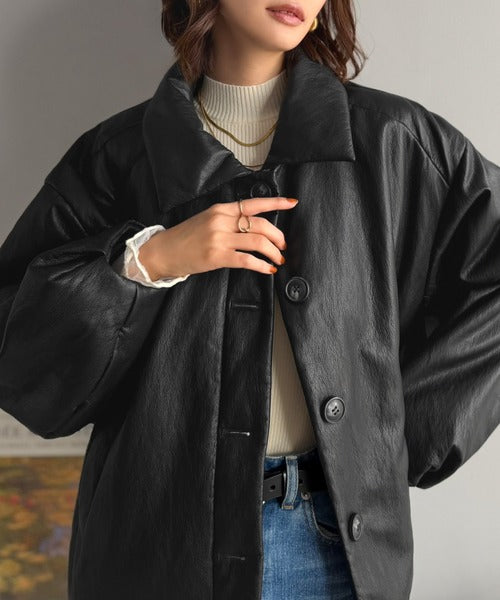 レザーって、こんなに可愛く着られる！大人可愛い丸みシルエット♪フェイクレザー中綿入りステンカラーショートジャケット ce1070253
