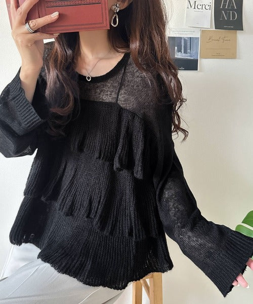 ふんわり大人フェミニン♪ティアードフリルモヘアタッチメッシュ編みニット（長袖） ce1260477