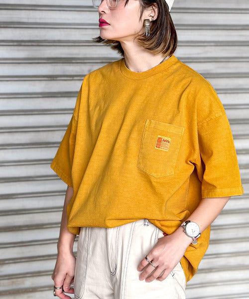 《JaVa ジャバコラボ》古着風ストリートMIX。綿100%ヘヴィーウエイト胸ポケピグメントTシャツ jv1029020