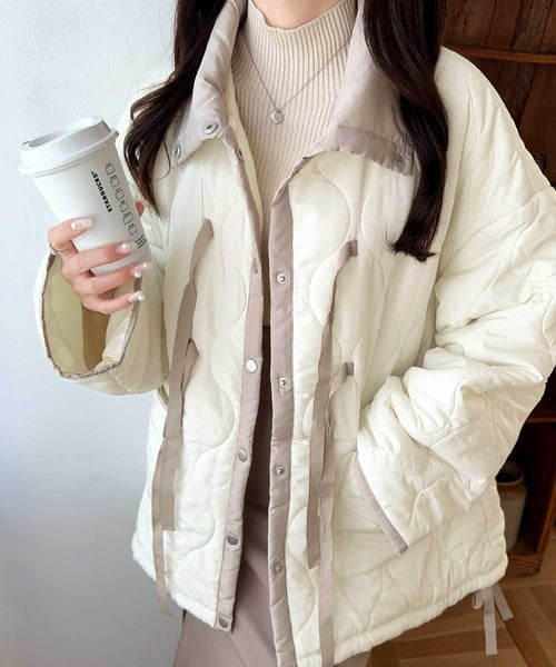 【mily bilet】フェミニンに着こなせる秋冬アウター。リボン使いパイピング配色キルティングモンスターコート mi1019060