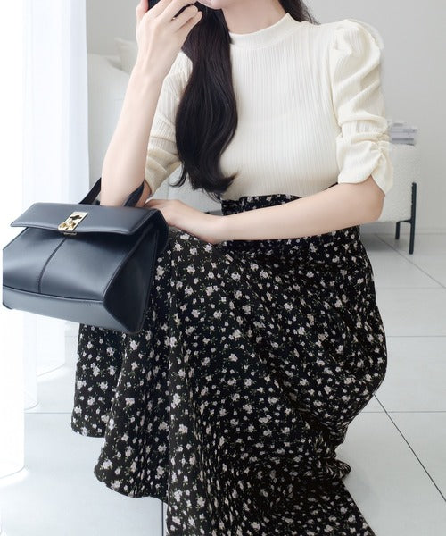 【mily bilet】一枚で主役級フェミニンスタイル。後ろシアーリボン花柄ドッキング袖ギャザーワンピース（ロング丈） mi1139073