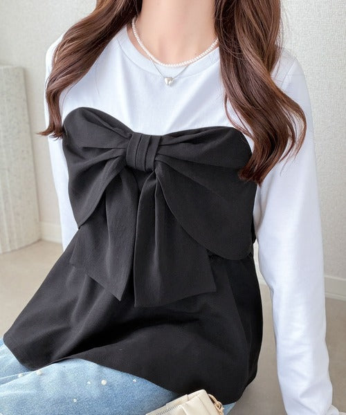 【mily bilet】心ときめく、ビッグリボン♪フロントリボン ドッキング長袖Tシャツ mi1269019