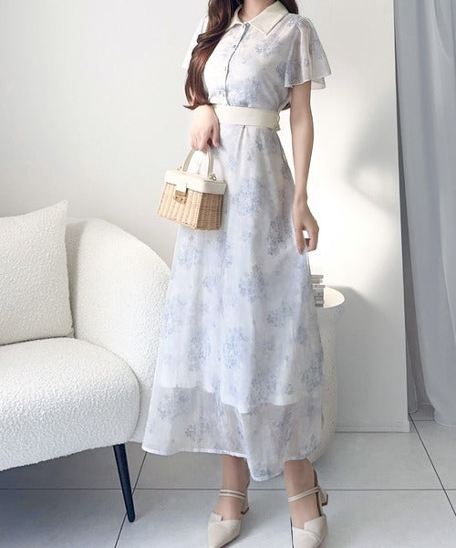 【mily bilet】夏を涼む相棒ワンピ♪水彩フラワーが上品。シアーフローラル バックリボンワンピース (長袖) (ロング) mi1139101