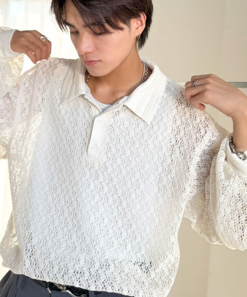 「透け感、モードの余韻。」衿ダブルライン使いレース柄ニットポロシャツ／Double-Line Collar Lace Pattern Knit Polo Shirt co1010049
