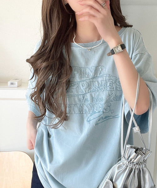 綿100%メンズライクヴィンテージウォッシュ☆前後2way刺繍ワイドネックTシャツ ce1260421