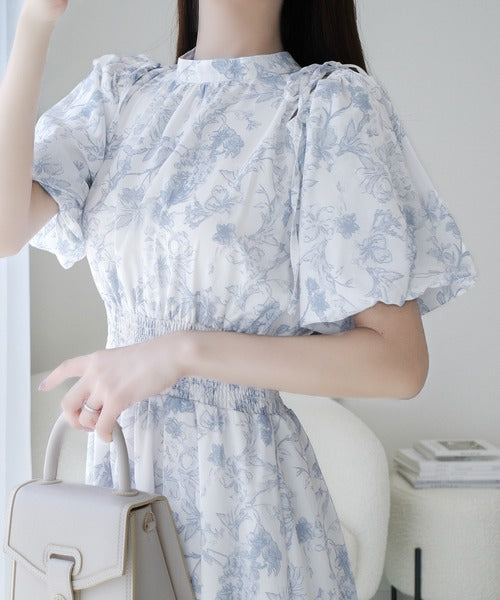 【mily bilet】爽やかで優雅な大人フェミニン。肩開きリボン２WAY花柄バルーン袖ワンピース（ロング丈） mi1139084