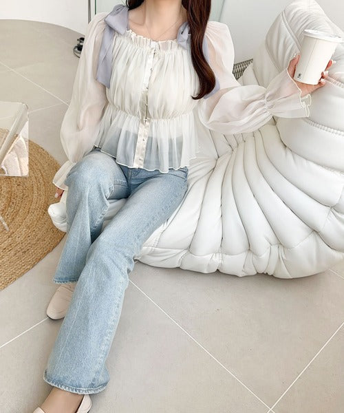 【mily bilet】大人愛され甘め主役級トップス。肩リボンオフショル２WAYオーガンジーブラウス(長袖) mi1359008
