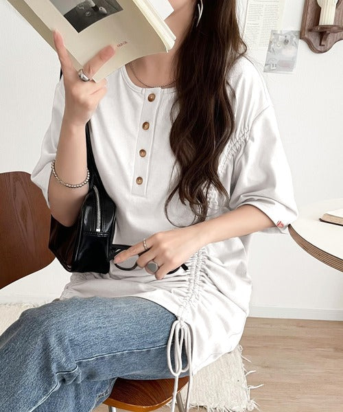 《JaVaジャバコラボ》アレンジを楽しむ、私だけの一枚。前後2wayヘンリーネックドロストチュニックＴシャツ(半袖) jv1010437