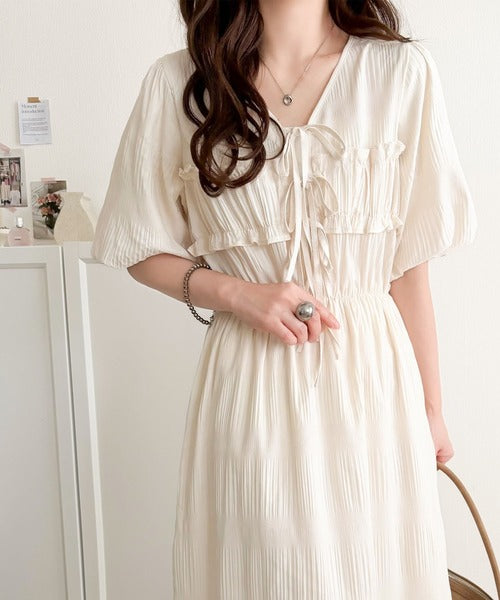 【mily bilet】1枚で華やぐ♪揺れ感シアーフリルリボンプリーツロングワンピース mi1019134