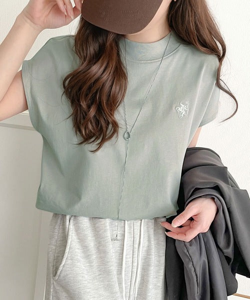 大人女子の上品ベーシック。綿100％シルケットモックネックフレンチTシャツ(刺繍) ce1260395