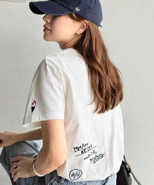 【sustaina+】アートのように刺繍が映える。オーガニックコットン100%らくがき風刺繍 無地＆ボーダー柄半袖Tシャツ ce1260396
